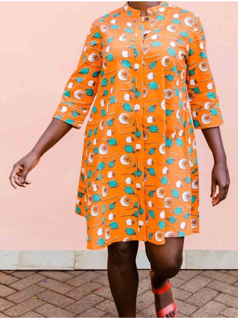 Zuri Poppy Art Womens Shirt Dress Orange Floral 3/4 Sleeve Cotton Flowy